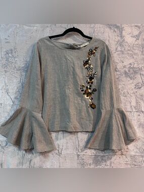 NWT Zara Basic Embroidered Bell Sleeve Blouse  Size Large